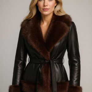 Faux Leather Jacket with Faux Fur Trim – Women's Belted Winter Coat