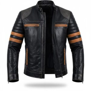 Men’s Black Leather Moto Jacket | Vintage Biker Cafe Racer Jacket | Distressed Motorcycle Style Outerwear