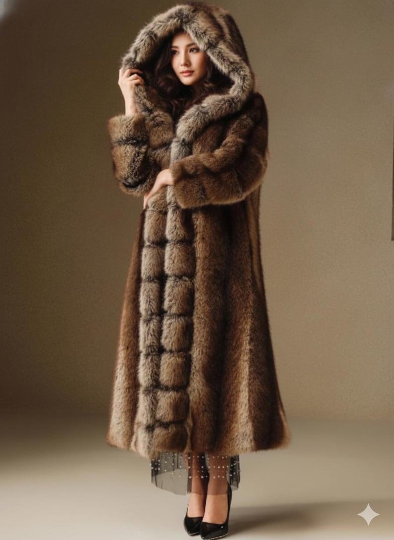 Hooded Faux Fur Maxi Coat – Elegant Brown Plush Winter Jacket - Image 2