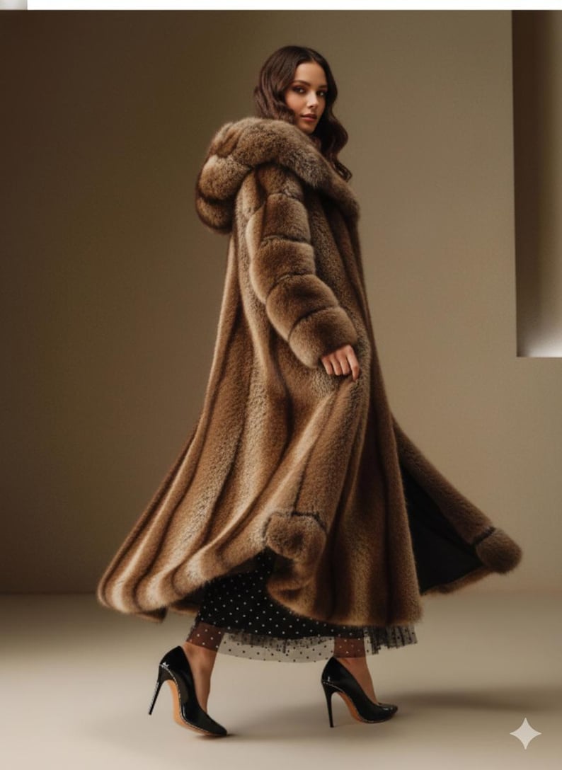 Hooded Faux Fur Maxi Coat – Elegant Brown Plush Winter Jacket - Image 3
