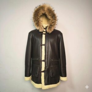 Men’s Shearling Leather Parka with Fur Hood – Handmade Brown Sheepskin Winter Coat