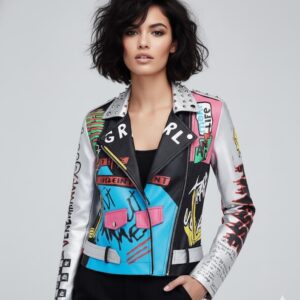 Graffiti Print Faux Leather Moto Jacket – Studded Punk Rock Biker Coat