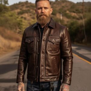 Handmade Vintage Style Leather Jacket - Men's Button-Up Motorcycle Coat