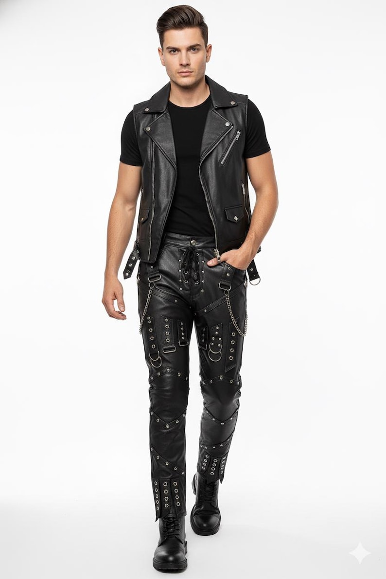 Handcrafted Gothic Leather Pants with Chains