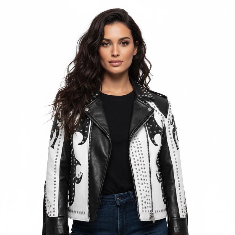 Handmade Cowhide Leather Fringe Jacket | Black White Studded Western Biker - Image 4