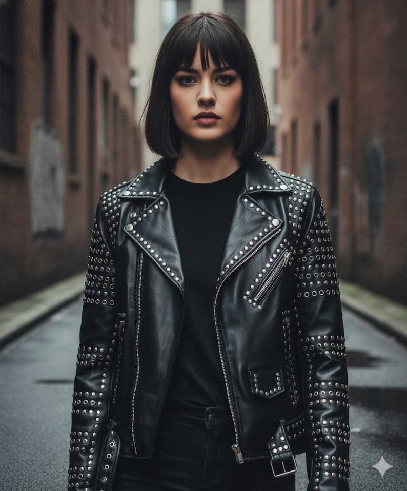 Black Studded Leather Biker Jacket – Gothic Punk Streetwear - Image 3