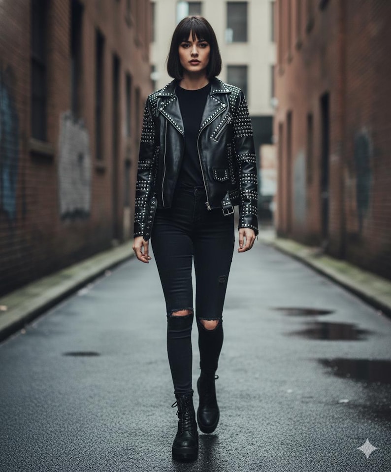 Black Studded Leather Biker Jacket – Gothic Punk Streetwear - Image 4