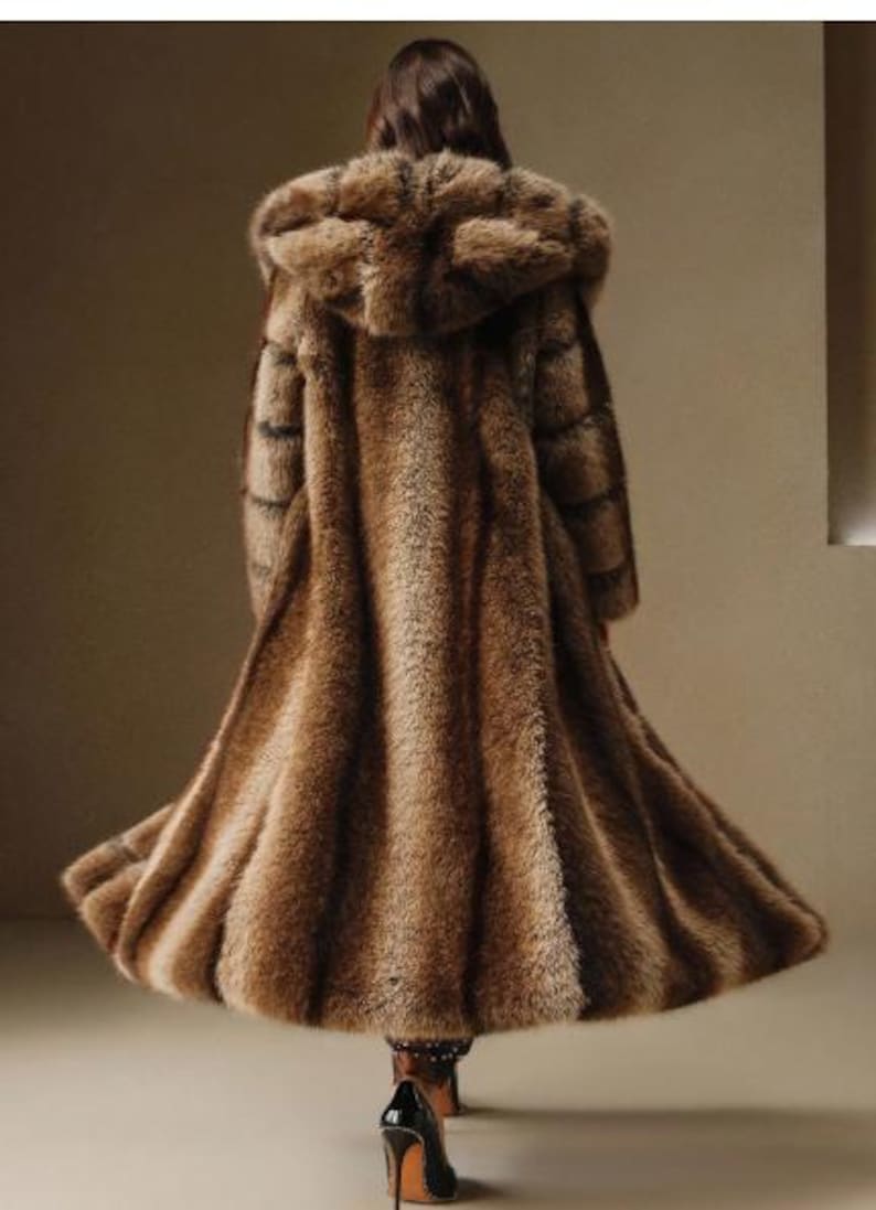 Hooded Faux Fur Maxi Coat – Elegant Brown Plush Winter Jacket - Image 4