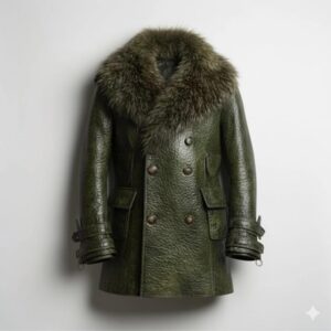Unisex Green Leather Coat – Vintage Fur Collar Winter Overcoat