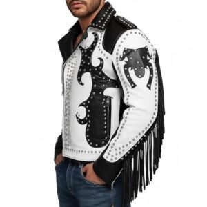 Handmade Cowhide Leather Fringe Jacket | Black White Studded Western Biker