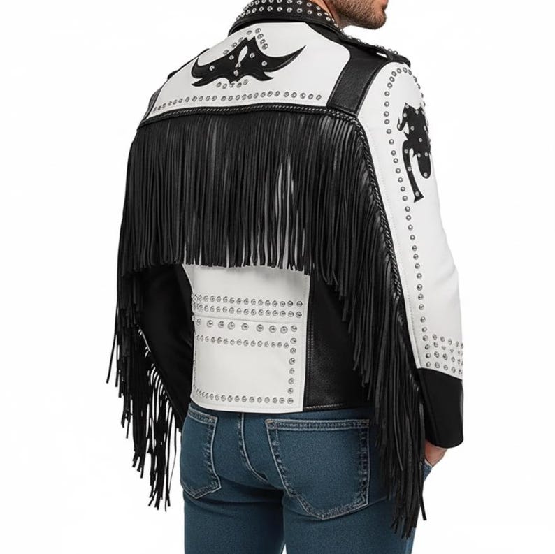 Handmade Cowhide Leather Fringe Jacket | Black White Studded Western Biker - Image 2