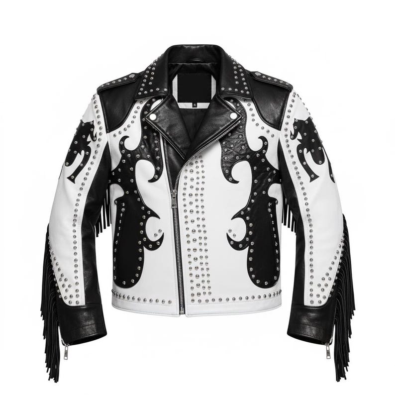 Handmade Cowhide Leather Fringe Jacket | Black White Studded Western Biker - Image 5