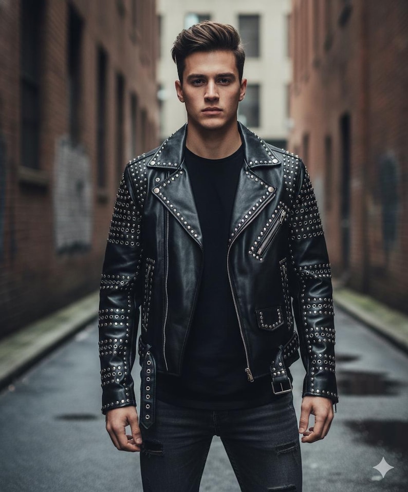 Black Studded Leather Biker Jacket – Gothic Punk Streetwear